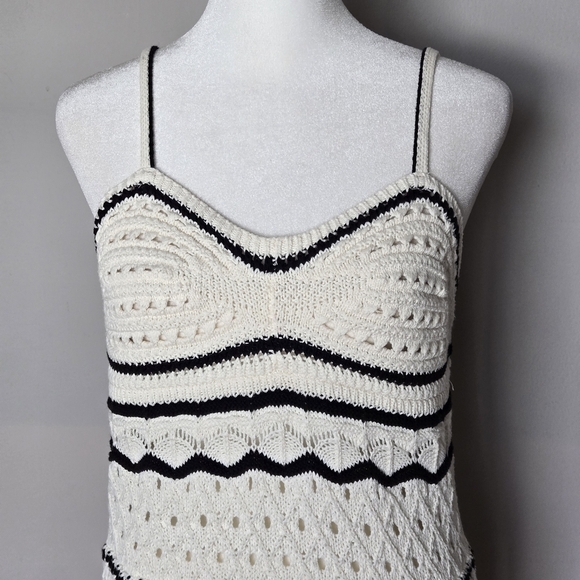 Zara Boho Crochet Open Knit Strappy Beach Maxi Dress Cream with Black Trim Large - Picture 6 of 11